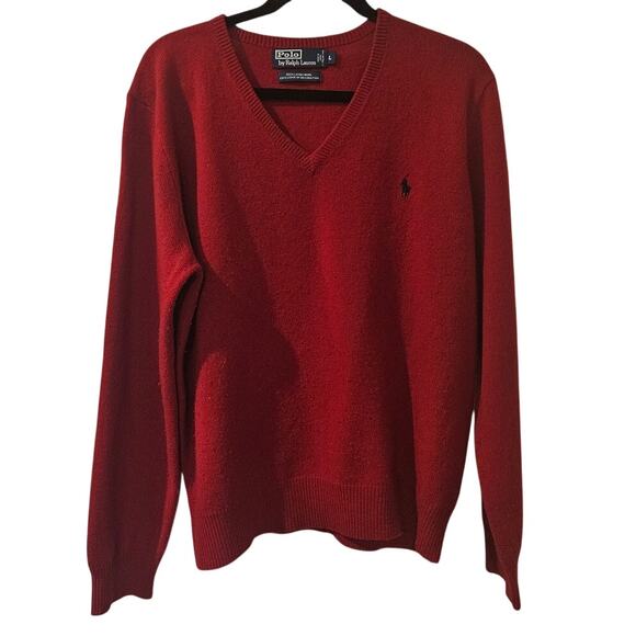 Vintage Polo Ralph Lauren Lambswool Sweater Mens Large Red V-Neck Navy Pony Logo - Picture 1 of 5